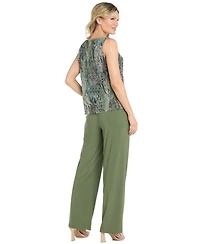 R & M Richards Women's 3 Piece Animal Print Metallic Crinkle Duster Pantsuit