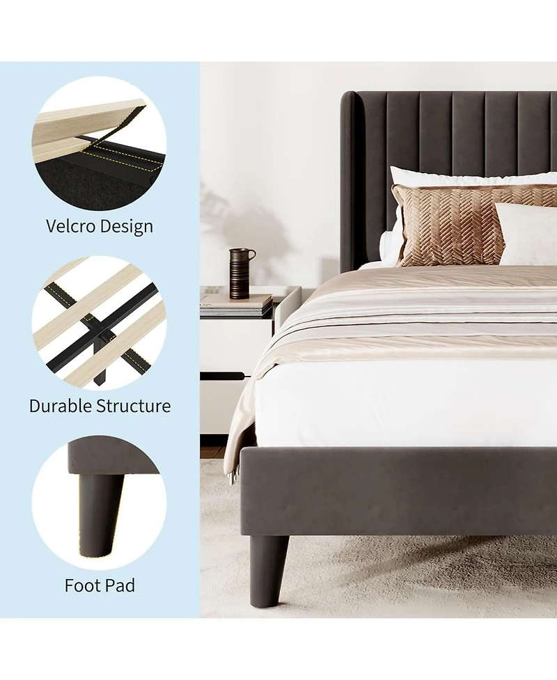 gaomon Size Upholstered Platform Bed Frame with Vertical Channel Tufted Wingback Headboard, Strong Wooden Slats Support