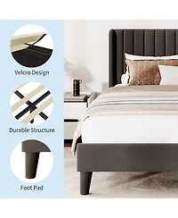 gaomon Size Upholstered Platform Bed Frame with Vertical Channel Tufted Wingback Headboard, Strong Wooden Slats Support