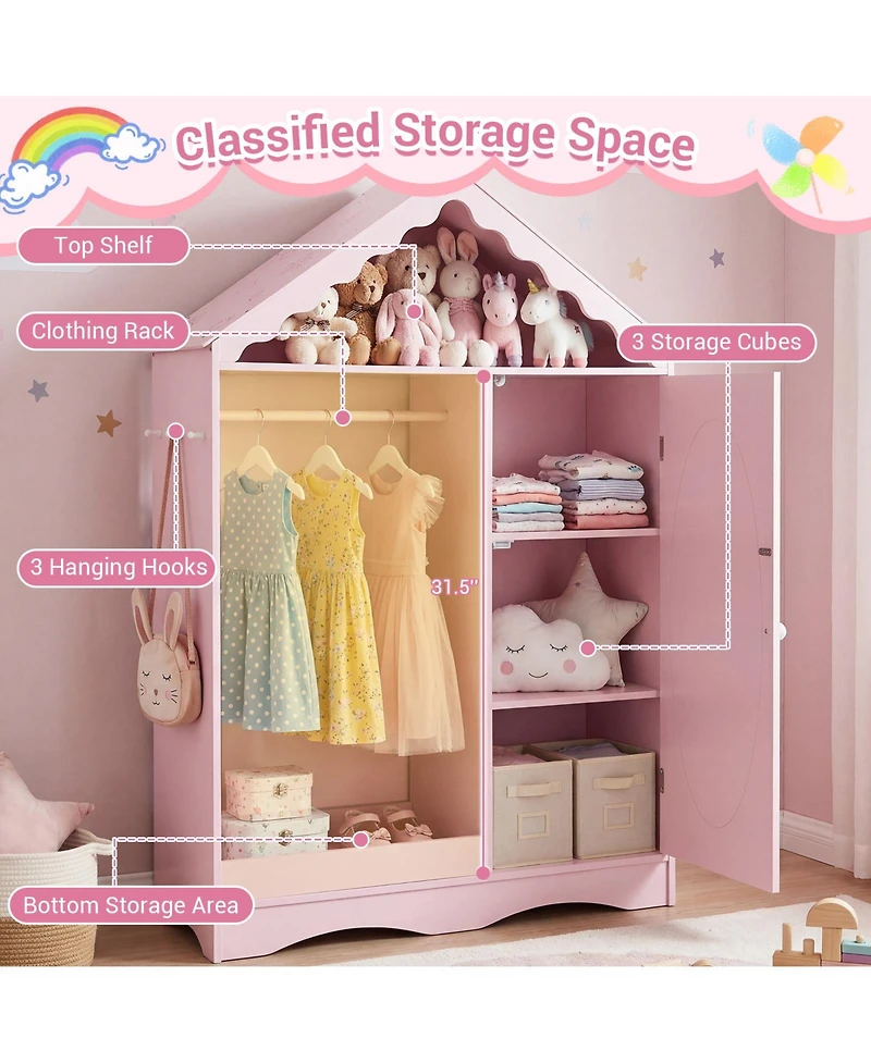 Slickblue Mirror Roof Kids Wardrobe Closet with Open Hanging Rack