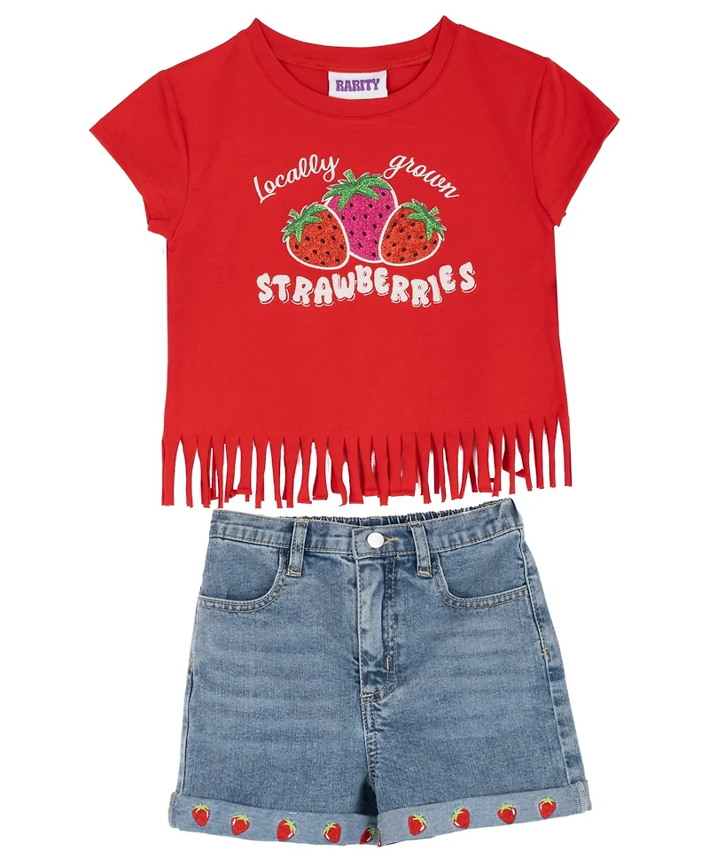 Rare Editions Girls' 2T-6X Raglan Short-Sleeve T-shirt and Denim Shorts, 2-Piece Set