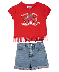 Rare Editions Girls' 2T-6X Raglan Short-Sleeve T-shirt and Denim Shorts, 2-Piece Set