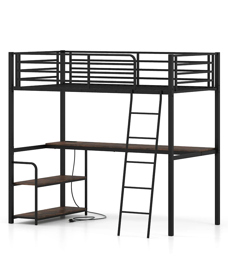 Costway Loft Bed with Desk and Shelves, Heavy Duty Bed Frame with Charging Station