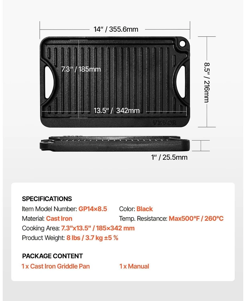 Mecale Reversible Cast Iron Grill/Griddle, 14" x 8.5", Pre-Seasoned, Portable Pan with Handle, Indoor/Outdoor