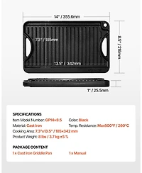 Mecale Reversible Cast Iron Grill/Griddle, 14" x 8.5", Pre-Seasoned, Portable Pan with Handle, Indoor/Outdoor