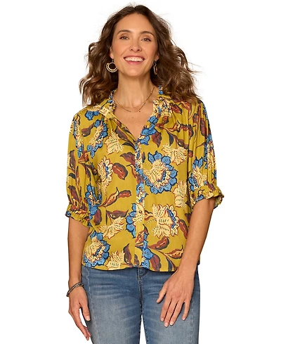 Democracy Women's Elbow-Sleeve Printed Collared Top
