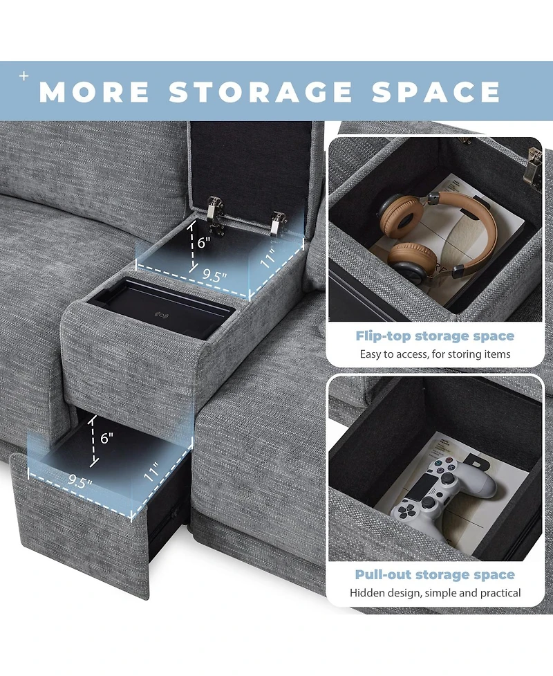 Streamdale Furniture L-Shaped Sectional Sofa with Storage Console, Charger, Ottoman, Wider Cushion