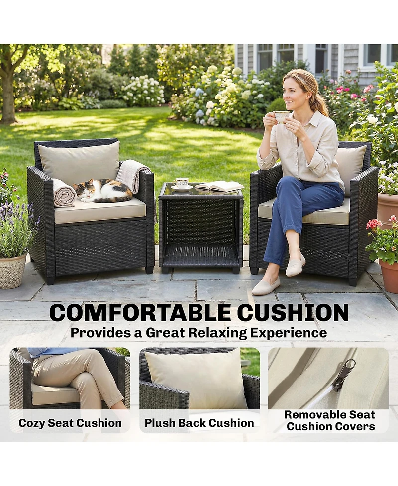 Outsunny 3 Piece Patio Bistro Set, Wicker Furniture Set with Cushions