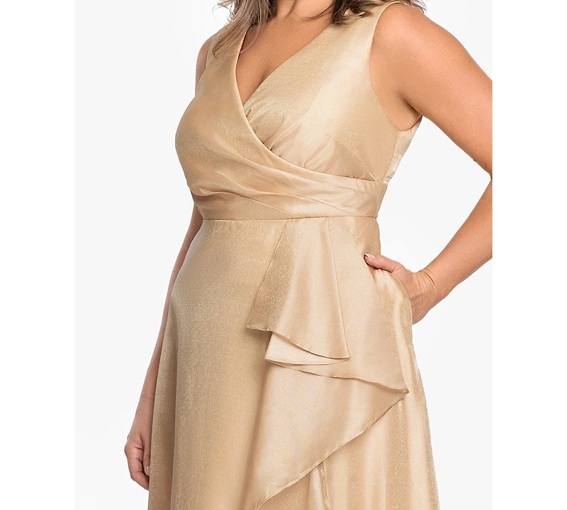 Xscape Plus V-Neck Jacquard Ruffle Gown
