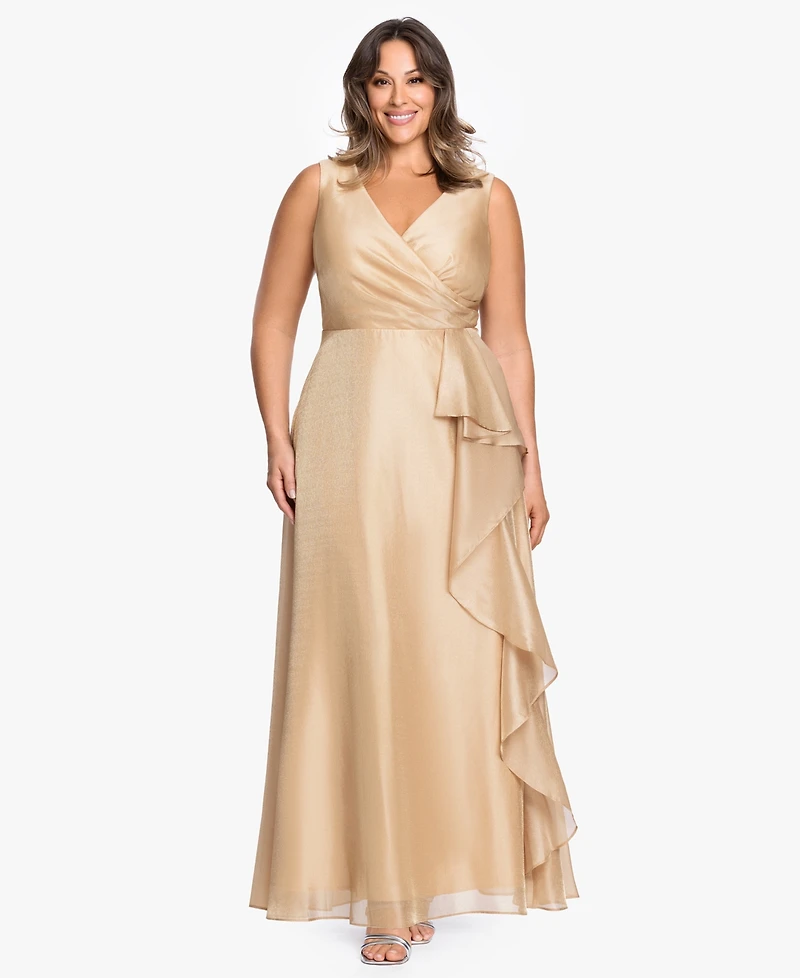 Xscape Plus V-Neck Jacquard Ruffle Gown