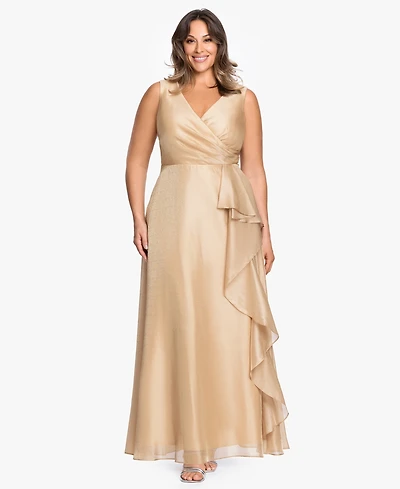 Xscape Plus V-Neck Jacquard Ruffle Gown