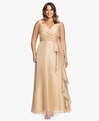 Xscape Plus V-Neck Jacquard Ruffle Gown
