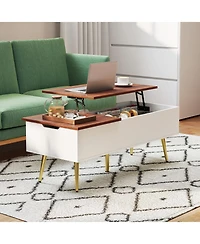 Gymax Lift Top Coffee Table w/ Split Top and 2 Hidden Compartments Tapered Metal Legs