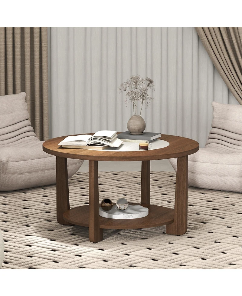 Gymax Round Coffee Table w/ 2-Tone Tabletop and Open Storage Shelf Wood Support Legs