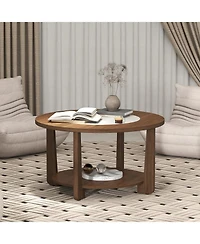 Gymax Round Coffee Table w/ 2-Tone Tabletop and Open Storage Shelf Wood Support Legs