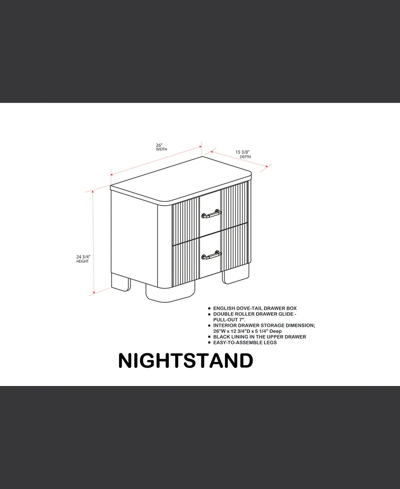 Kings Brand Furniture Sierra White Oak Modern Fluted 2-Drawer Nightstand