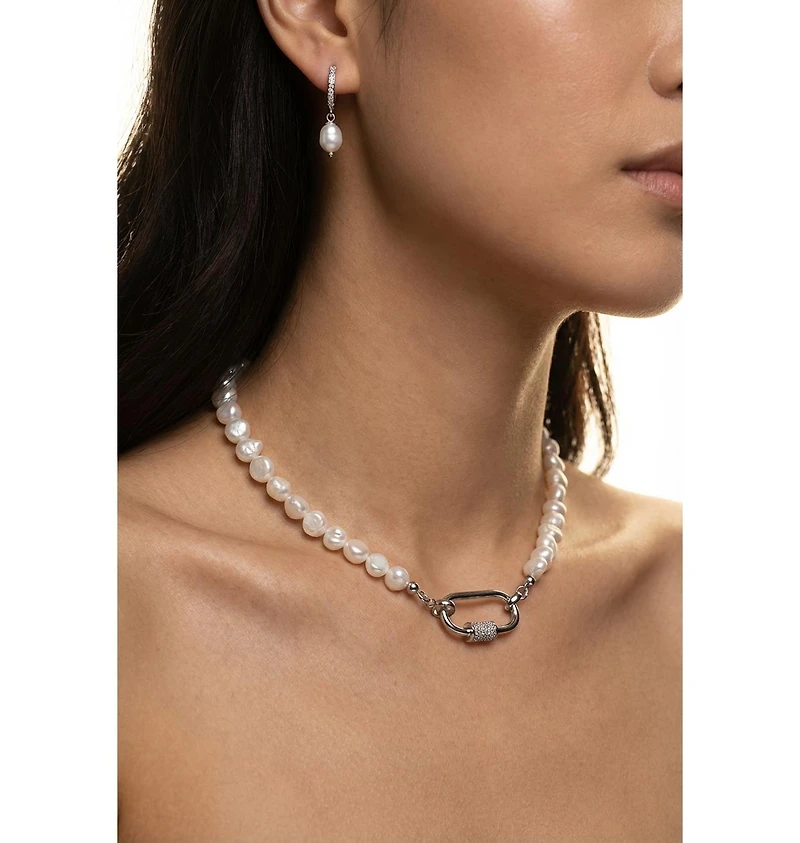 Joey Baby Baroque Pearl Silver-Tone Stainless Steel Necklace And Huggie Earring Set