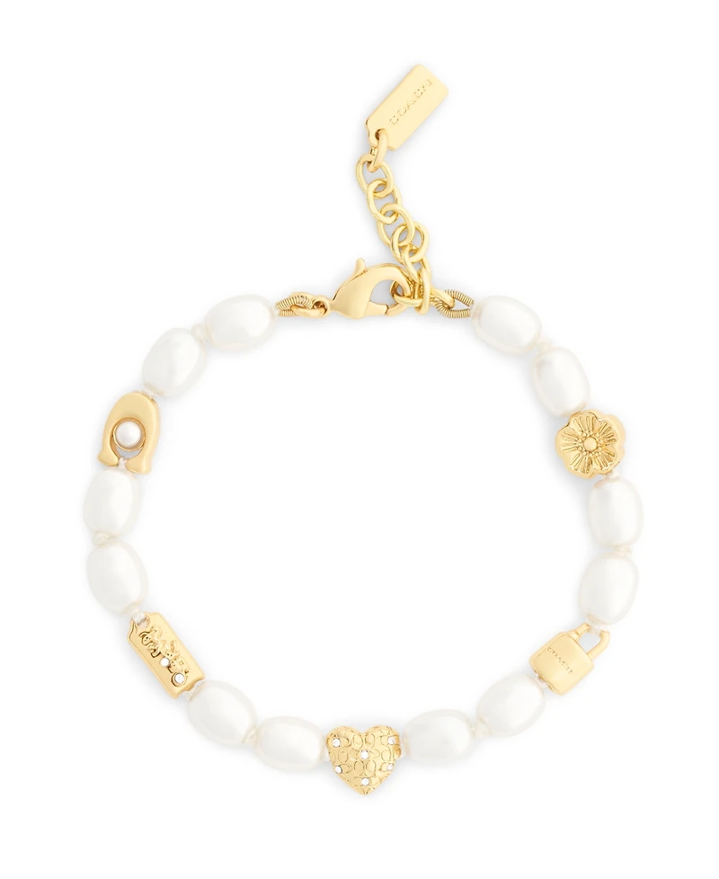 Coach Faux Imitation Pearl Iconic Signature Charm Strand Bracelet