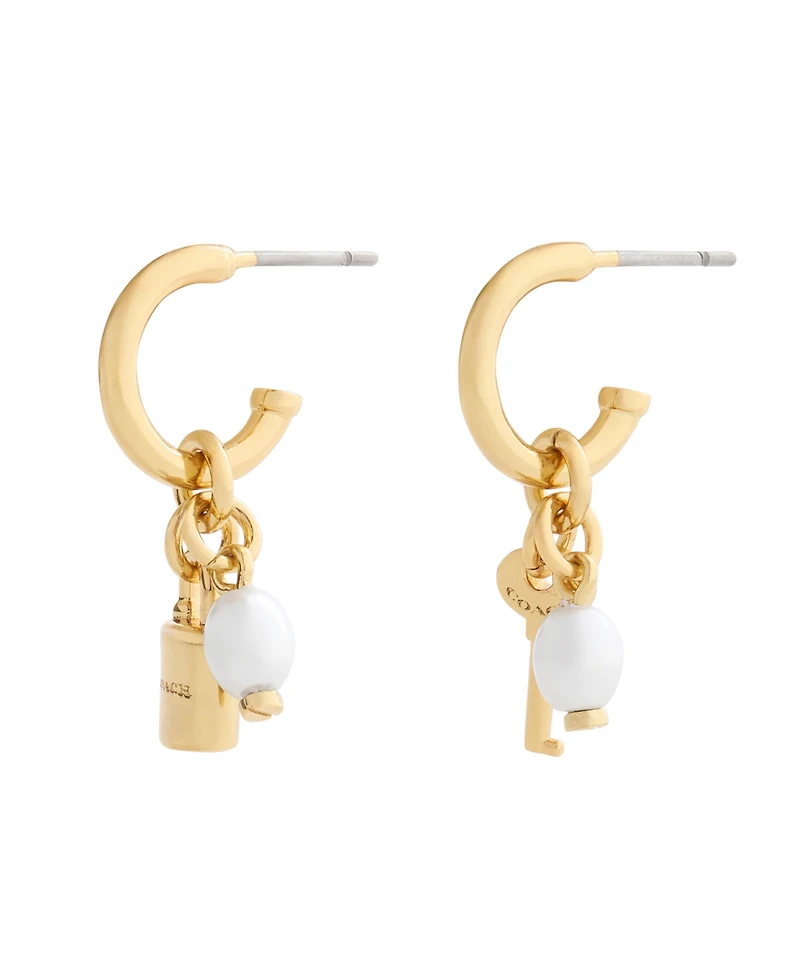 Coach Faux Imitation Pearl Iconic Lock Key Charm Huggie Earrings