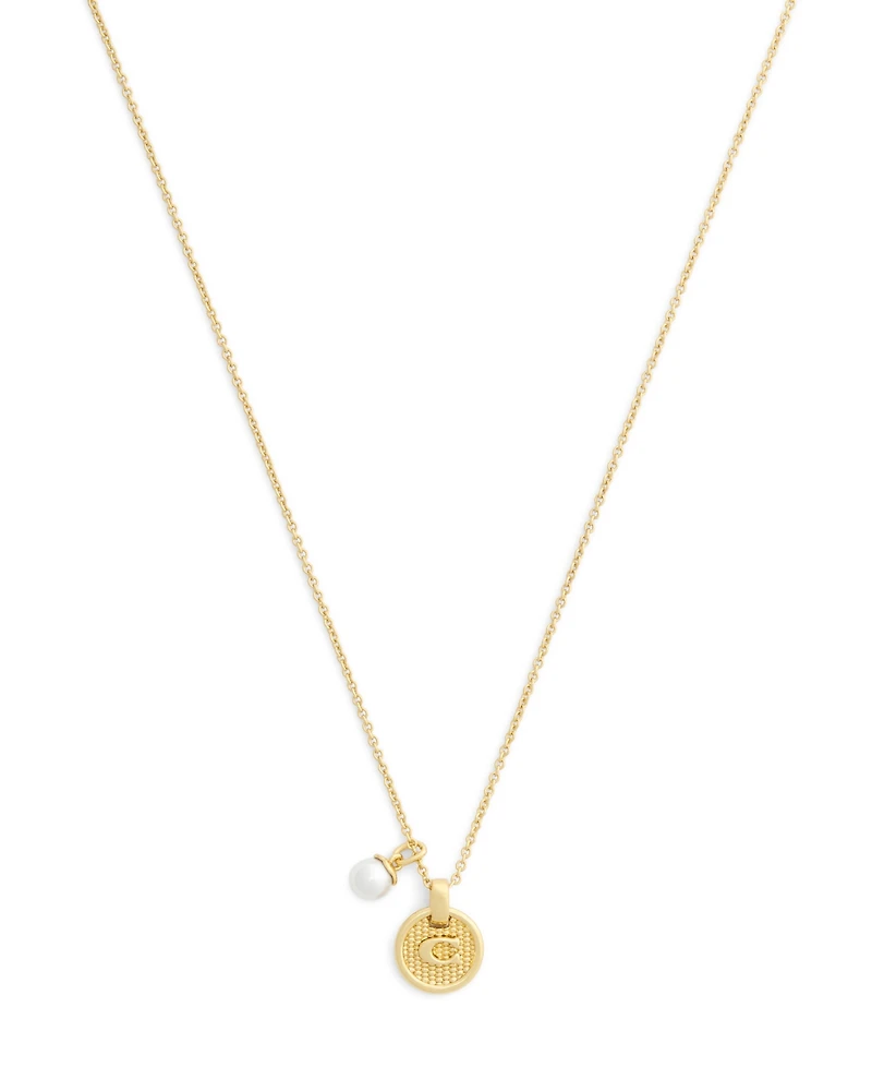 Coach Faux Imitation Pearl Signature C Textured Coin Pendant Necklace