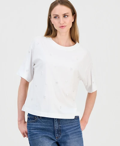 I.n.c. International Concepts Women's Imitation Pearl Embellished Short Sleeve T-Shirt, Macy's Exclusive