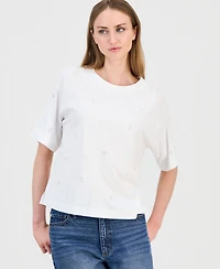 I.n.c. International Concepts Women's Imitation Pearl Embellished Short Sleeve T-Shirt, Macy's Exclusive