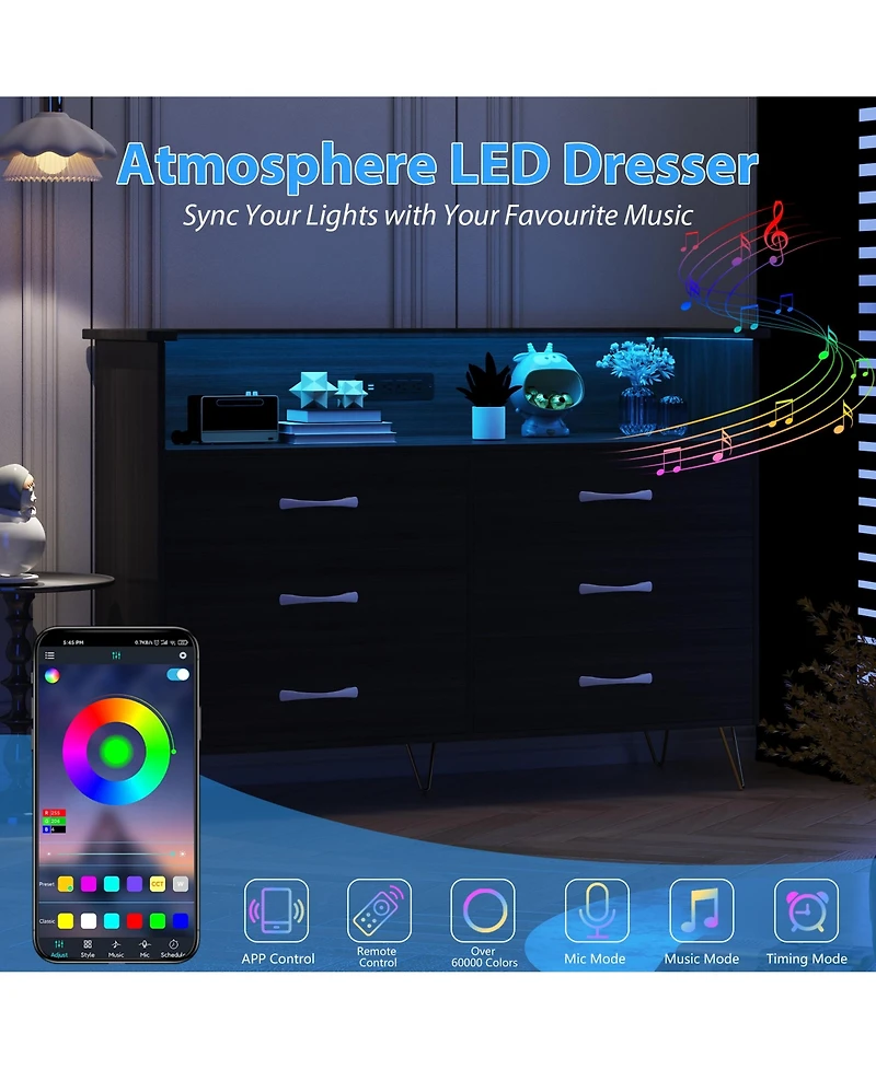 homfan Modern 6-Drawer Dresser with App-Controll Rgb Led Lights and Built-In Charging Station, Water Mark Resistant Mdf Metal Legs, Assembly