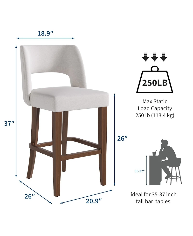 homfan Set of 4 Modern Upholstered Bar Stools, Ergonomic Seats with Backrest and Wooden Legs for Kitchen, Dining and Bar Areas