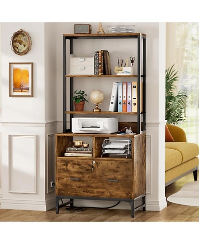 Aheaplus Storage File Cabinet with Hutch, Charging Station, Lock Drawers