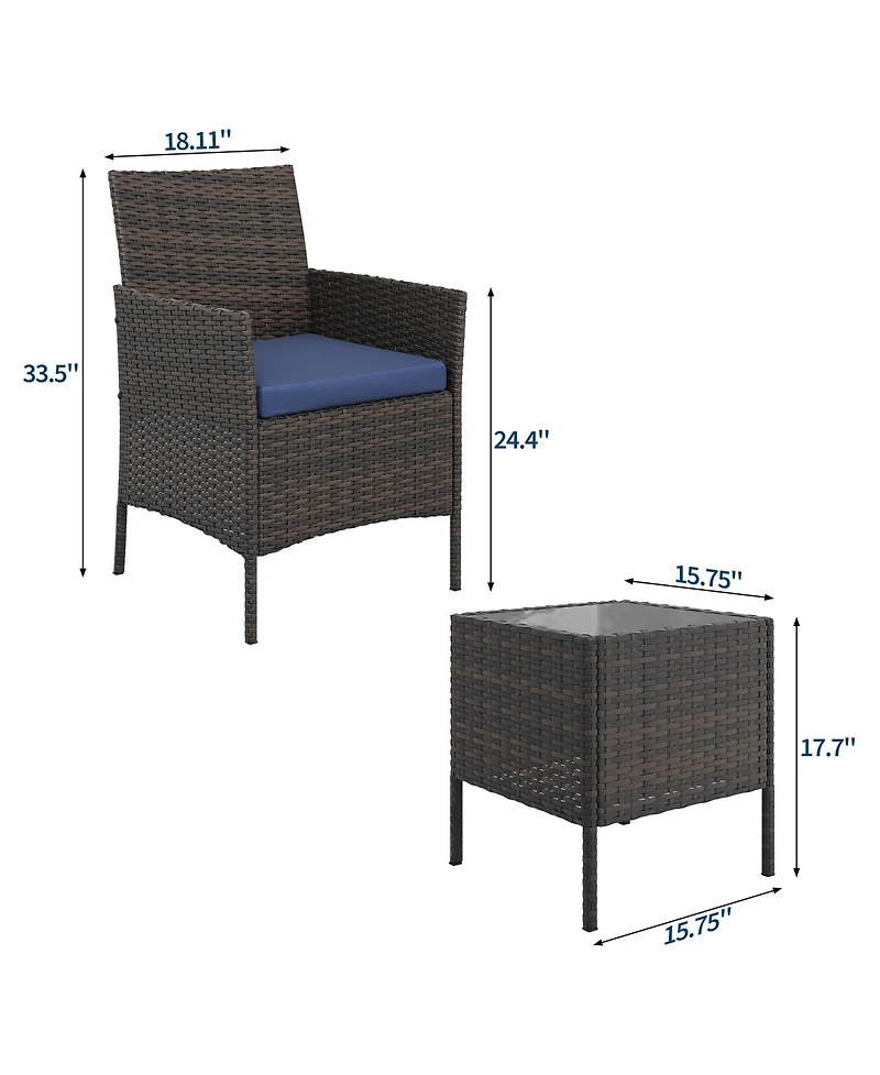 homfan 3-Piece Outdoor Patio Furniture Set with Rattan Wicker Chairs, Glass Top Table and Cushions, Perfect for Porch, Balcony, Backyard, Garden