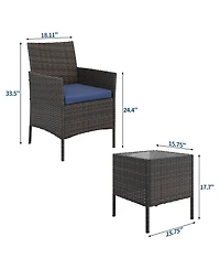 homfan 3-Piece Outdoor Patio Furniture Set with Rattan Wicker Chairs, Glass Top Table and Cushions, Perfect for Porch, Balcony, Backyard, Garden