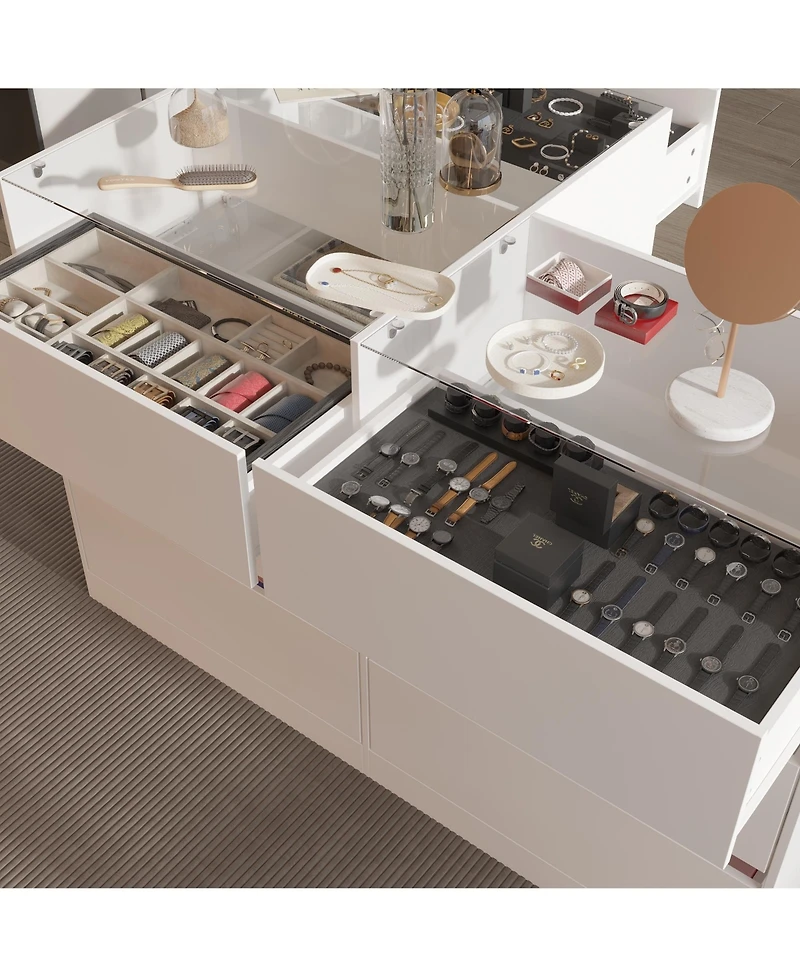 Homsee Modern White Storage Cabinet with Grey Cushion - Tempered Glass Living Room Organizer