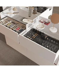 Homsee Modern White Storage Cabinet with Grey Cushion - Tempered Glass Living Room Organizer
