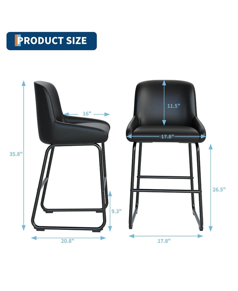 homfan Set of 4 modern Pu leather counter stools with backrest and footrest, armless design, sturdy metal frame for kitchen or seating