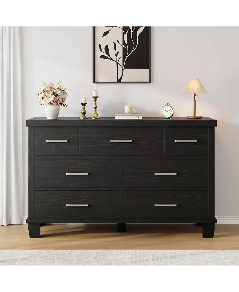 homfan 7 Drawers Modern Wood Dresser, 51" Wide Chest of Drawers Closet, Wooden Organizer with Metal Handle, for Bedroom, Living Room