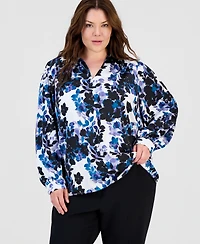 Kasper Plus Printed V-Neck Blouson-Sleeve Blouse