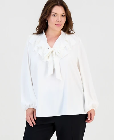 Kasper Plus Long-Sleeve Split-Neckline Ruffle Blouse