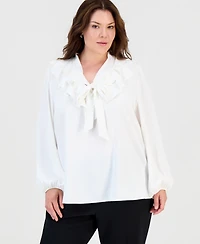 Kasper Plus Long-Sleeve Split-Neckline Ruffle Blouse