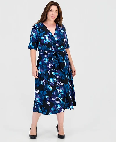 Kasper Plus Size Floral Fit & Flare Faux-Wrap Midi Dress