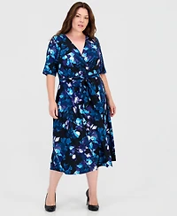 Kasper Plus Size Floral Fit & Flare Faux-Wrap Midi Dress