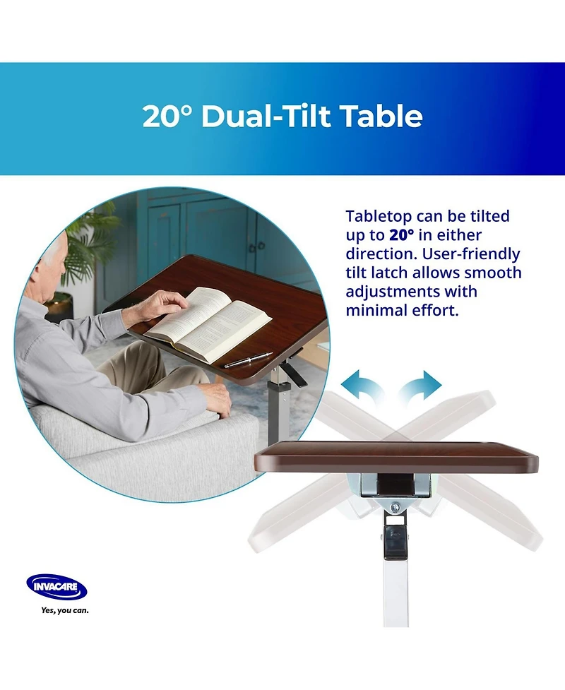 Invacare Adjustable & Tilting Table Bed - Height Adjustable Bedside Table w/ Wheels & L-Shaped Base