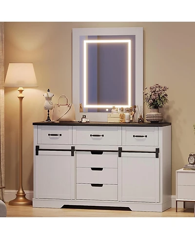 gaomon 6 Drawer Dresser with Mirror, Makeup Vanity Chest with Sliding Barn Doors for Bedroom