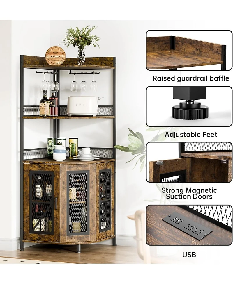 gaomon 64" Tall Wood Corner Bar Cabinet with Power Outlet, Led Lighting, and Glass Holder