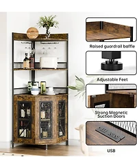 gaomon 64" Tall Wood Corner Bar Cabinet with Power Outlet, Led Lighting, and Glass Holder