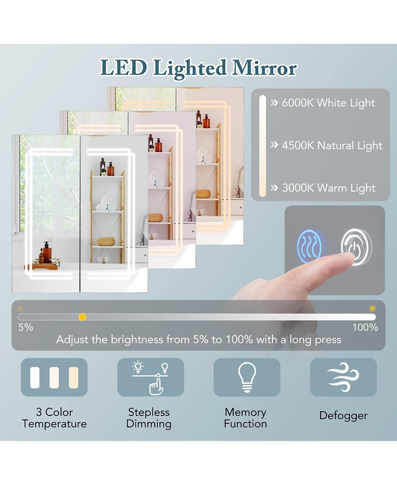 sumyeg 2-Door Bathroom Mirror Medicine Cabinet Wall Mounted with Lights