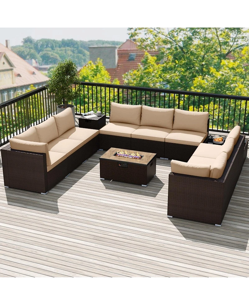 Gouun 12 Piece Outdoor Pe Wicker Conversation Set with 32 in Propane Fire Pit Table and Tank Holder