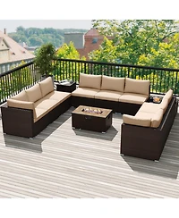 Gouun 12 Piece Outdoor Pe Wicker Conversation Set with 32 in Propane Fire Pit Table and Tank Holder
