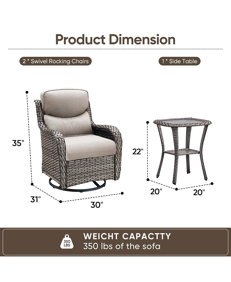 Pocassy Outdoor Swivel Glider Rocker Chairs with 5-in Cushion - 3 Piece Patio Furniture Set, Patio Bistro Sets with Tempered Glass Side Table