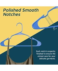 Lifemaster heavy-duty plastic hangers with non-slip grooves, space-saving design, and 5 lb capacity ideal for clothes and dresses. Pack of 120, blue.