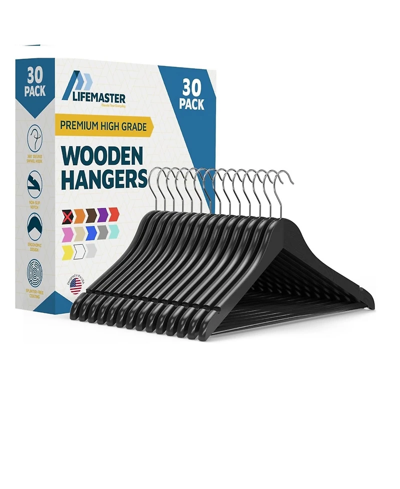Lifemaster 30-piece wooden hanger set with non-slip design and 360degree(s) swivel hooks. sturdy, ideal for suits, coats, dresses, pants and jackets